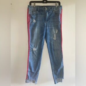 Boom Boom Jeans Distressed Blue with Red Stripes